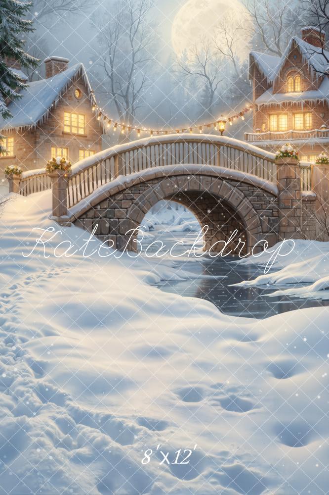 Kate Winter Stone Bridge Snowy Houses Moonlit Night Backdrop Designed by GQ - Image 11