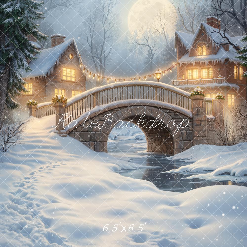 Kate Winter Stone Bridge Snowy Houses Moonlit Night Backdrop Designed by GQ - Image 2