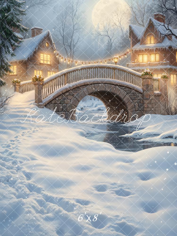 Kate Winter Stone Bridge Snowy Houses Moonlit Night Backdrop Designed by GQ - Image 3