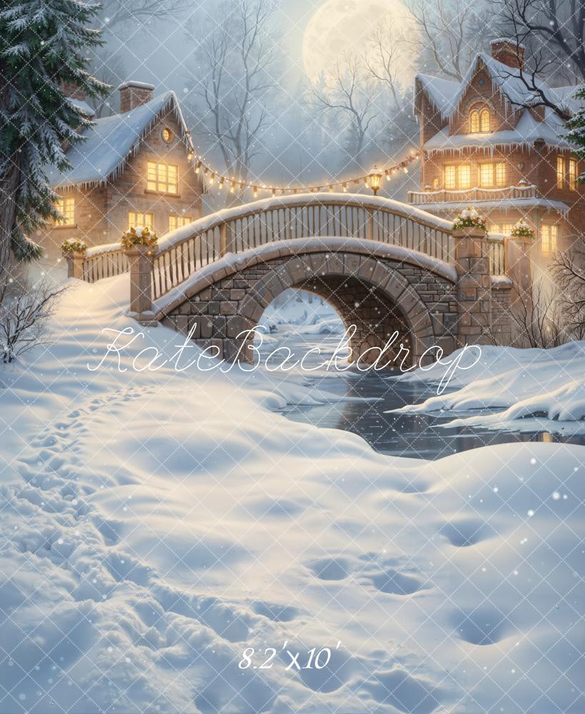 Kate Winter Stone Bridge Snowy Houses Moonlit Night Backdrop Designed by GQ - Image 5