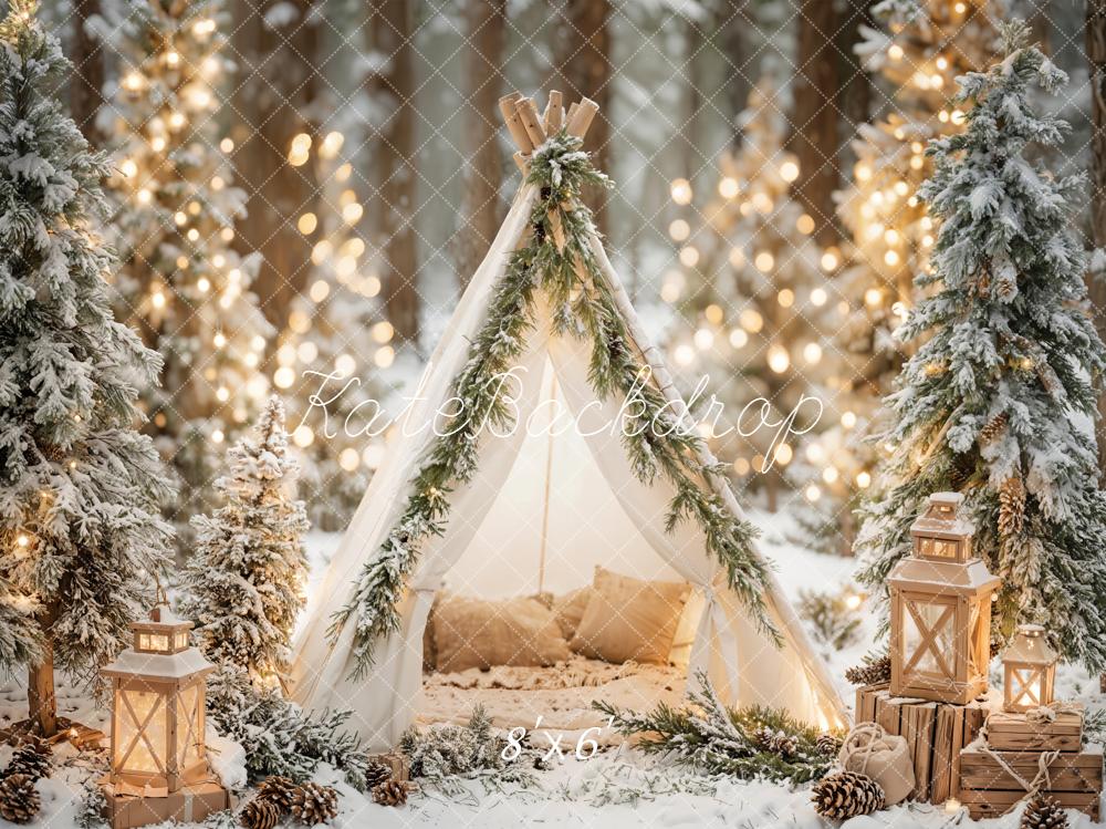 Kate Winter Teepee Snowy Trees Lanterns Backdrop Designed by Emetselch - Image 3