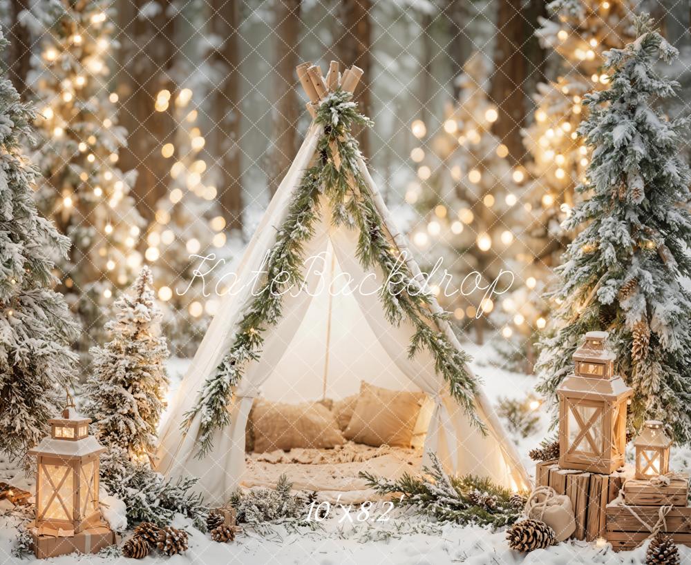 Kate Winter Tent Snowy Trees Lanterns Fleece Backdrop Designed by Emetselch - Image 3