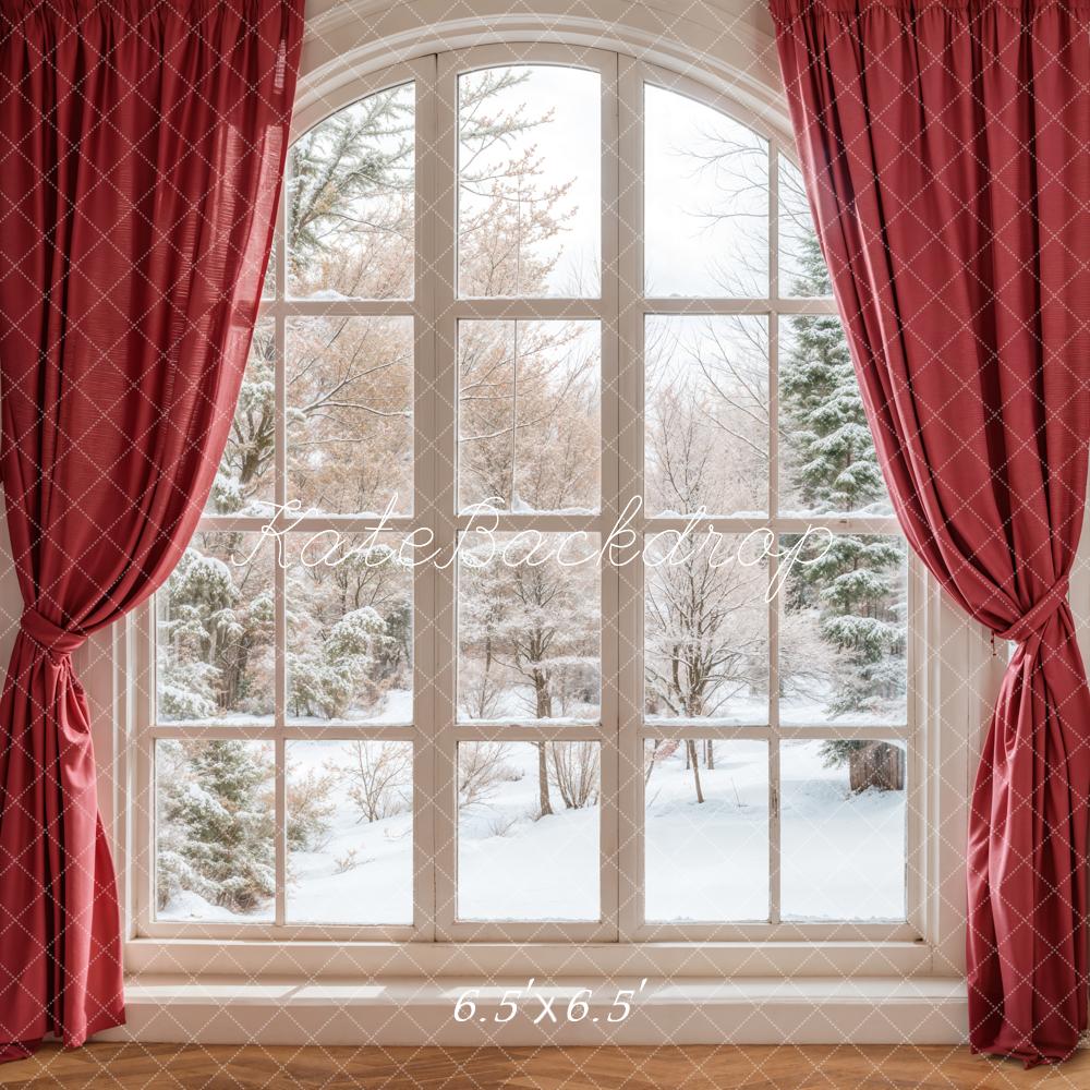 Kate Winter Window Red Curtains Backdrop Designed by Emetselch - Image 2