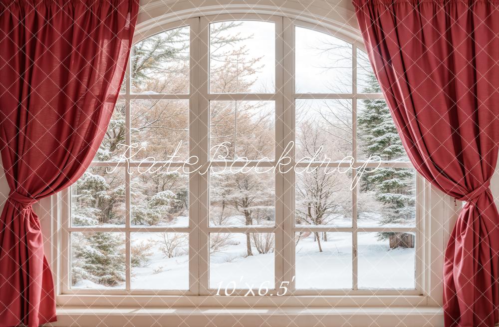 Kate Winter Window Red Curtains Backdrop Designed by Emetselch - Image 4