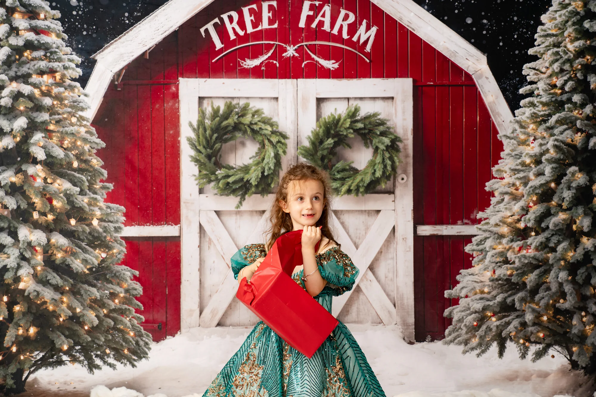 Kate Winter Christmas Tree Farm Red Barn Backdrop Designed by Chain Photography - Image 5
