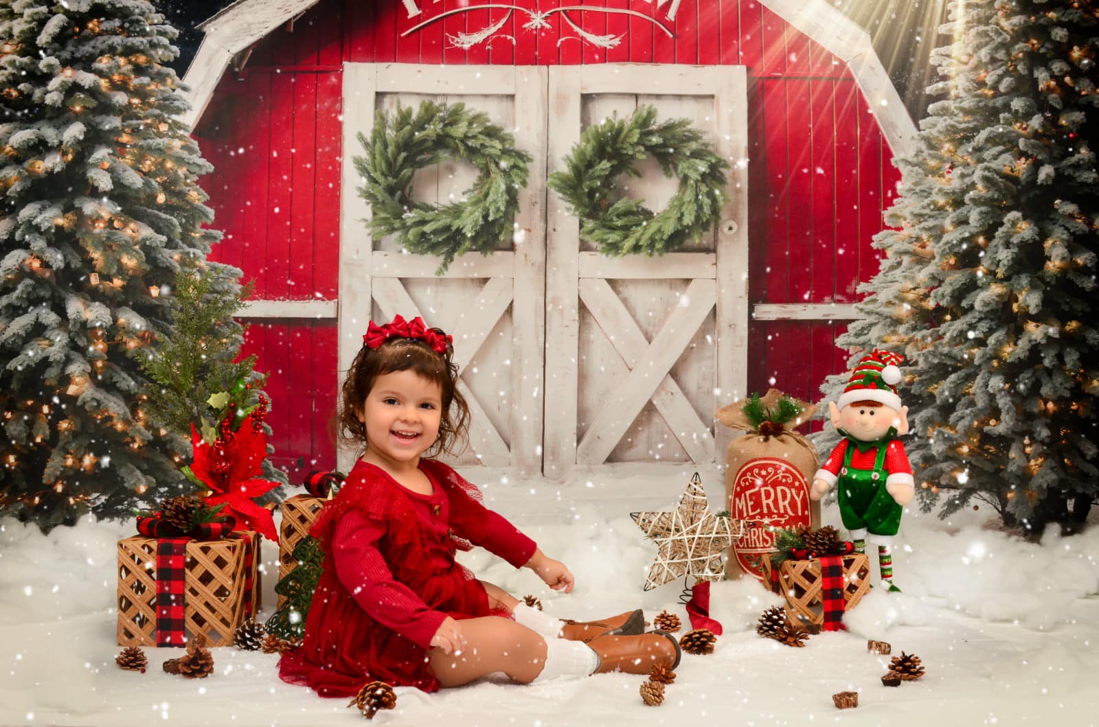 Kate Winter Christmas Tree Farm Red Barn Backdrop Designed by Chain Photography - Image 6