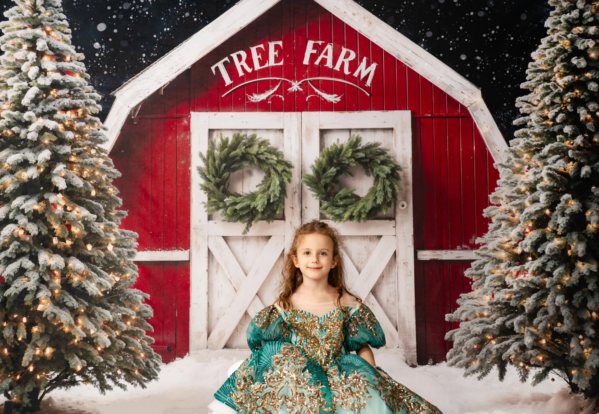 Kate Winter Christmas Tree Farm Red Barn Backdrop Designed by Chain Photography - Image 8