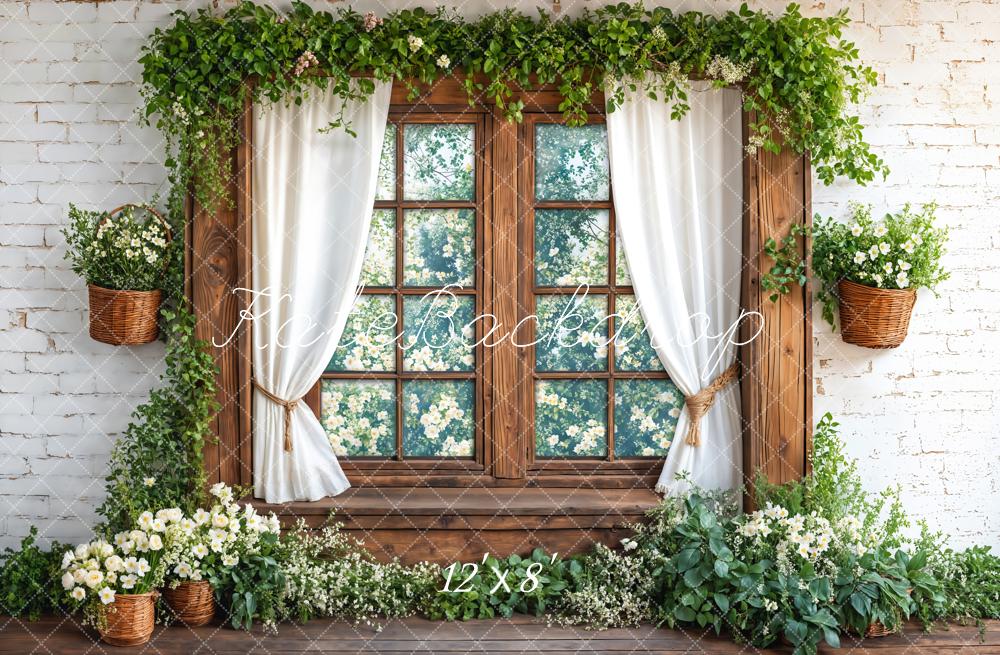 Kate Spring Wooden Window Green Leaves Fleece Backdrop Designed by Emetselch - Image 4