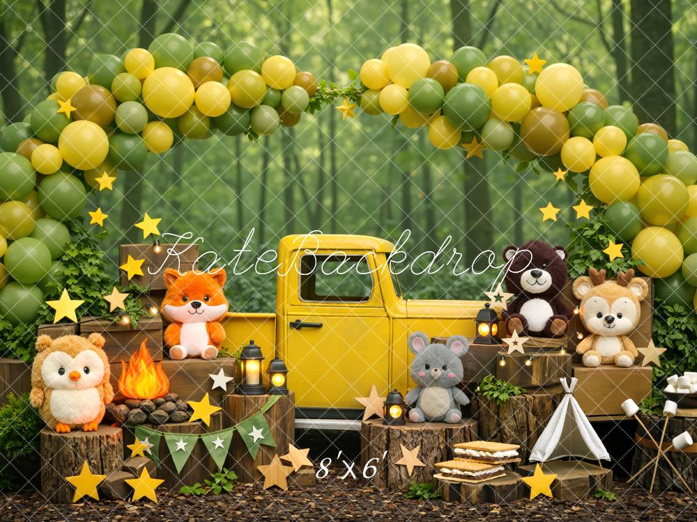Kate Woodland Animals Yellow Truck Forest Balloons Backdrop Designed by Mini MakeBelieve - Image 3