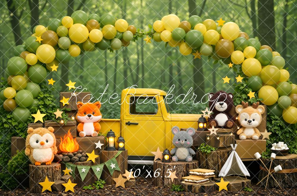 Kate Woodland Animals Yellow Truck Forest Balloons Backdrop Designed by Mini MakeBelieve - Image 4