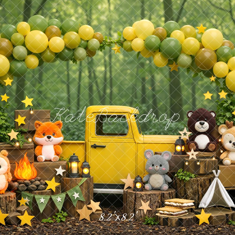 Kate Woodland Animals Yellow Truck Forest Balloons Backdrop Designed by Mini MakeBelieve - Image 5