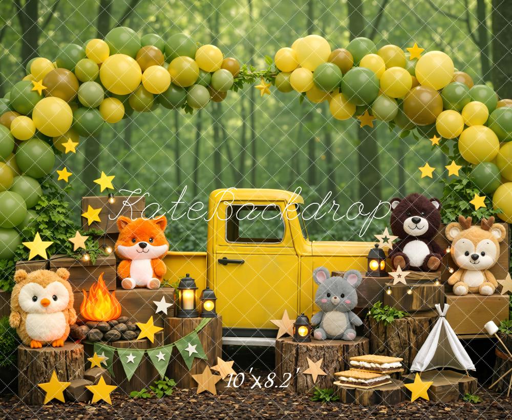 Kate Woodland Animals Yellow Truck Forest Balloons Backdrop Designed by Mini MakeBelieve - Image 6