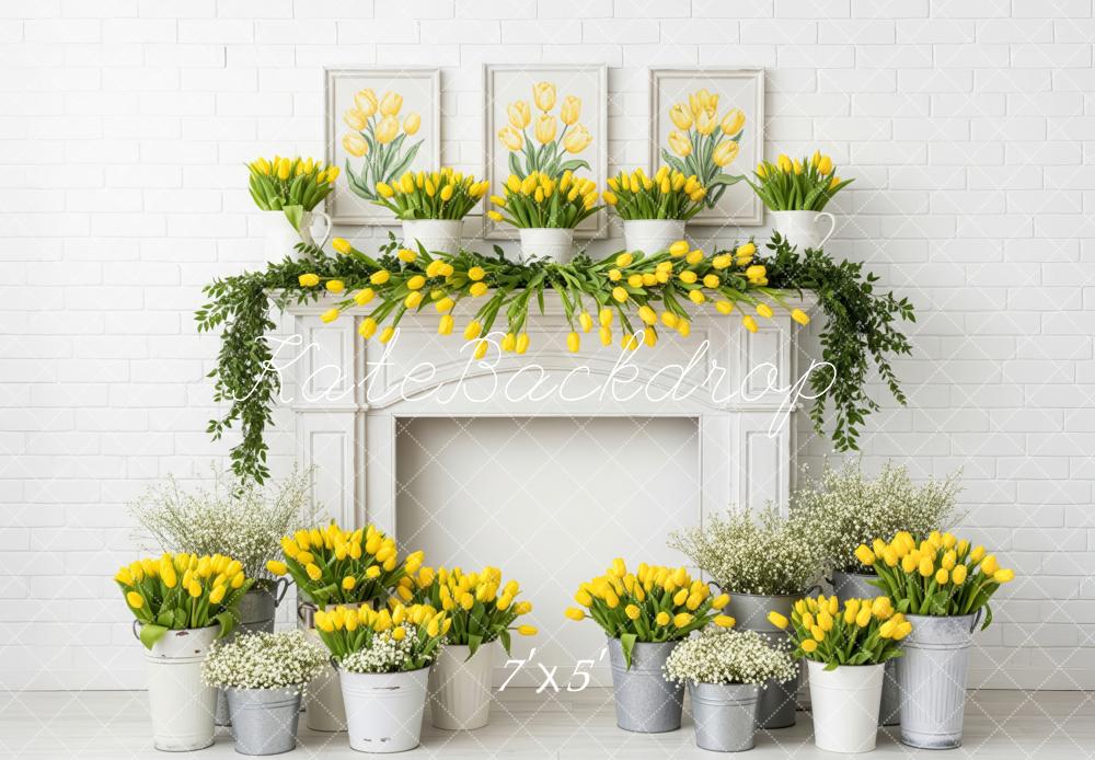 Kate Yellow Tulips Fireplace White Brick Wall Backdrop Designed by Patty Robert