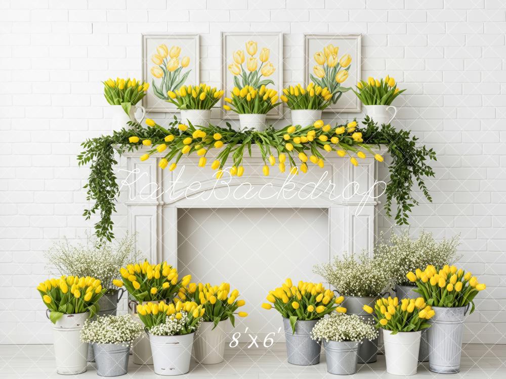 Kate Yellow Tulips Fireplace White Brick Wall Backdrop Designed by Patty Robert - Image 3