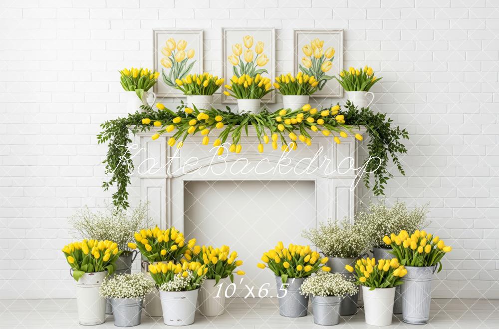 Kate Yellow Tulips Fireplace White Brick Wall Backdrop Designed by Patty Robert - Image 4
