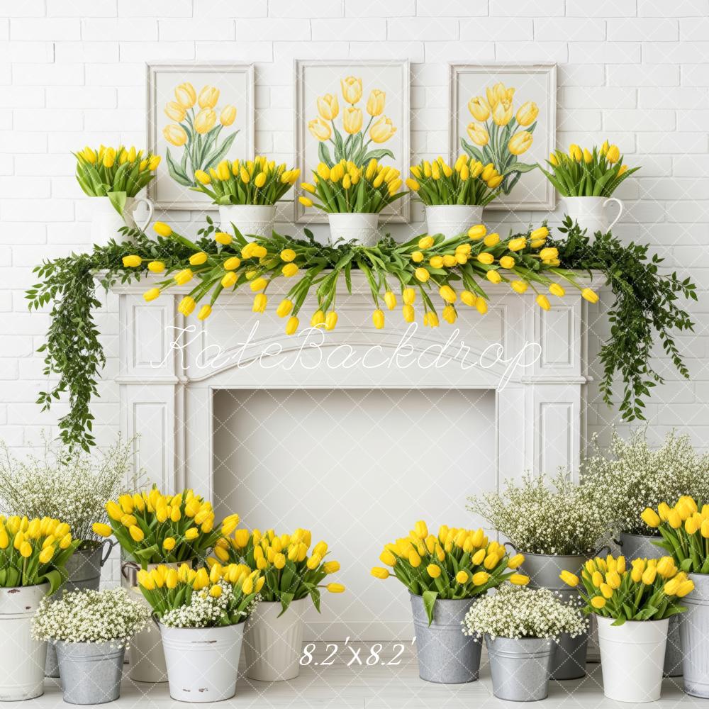 Kate Yellow Tulips Fireplace White Brick Wall Backdrop Designed by Patty Robert - Image 5