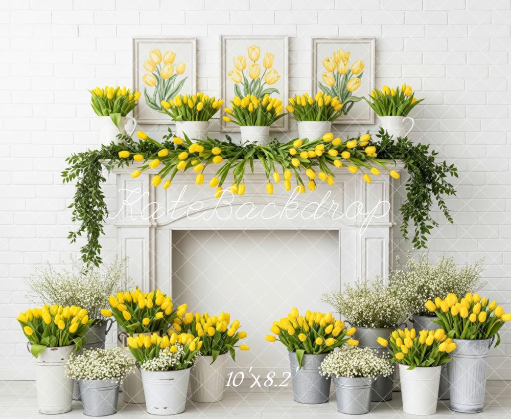 Kate Yellow Tulips Fireplace White Brick Wall Backdrop Designed by Patty Robert - Image 6