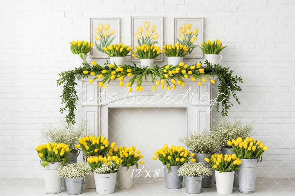 Kate Yellow Tulips Fireplace White Brick Wall Backdrop Designed by Patty Robert - Image 8