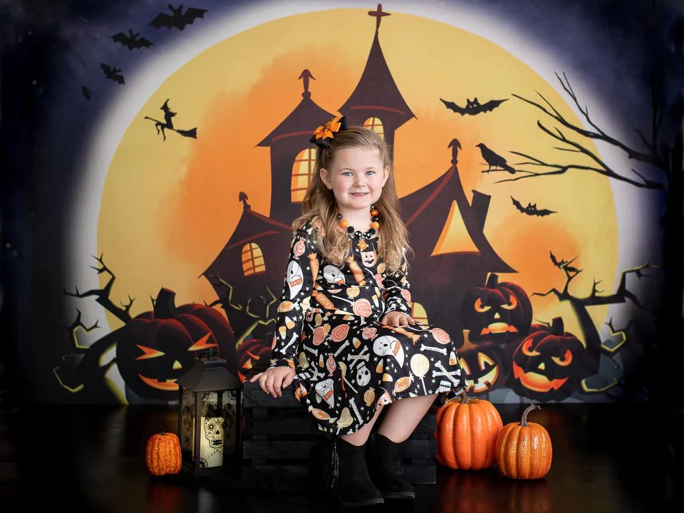 Kate Halloween Backdrop Pumpkins Witch House Designed by Chain Photography - Image 7