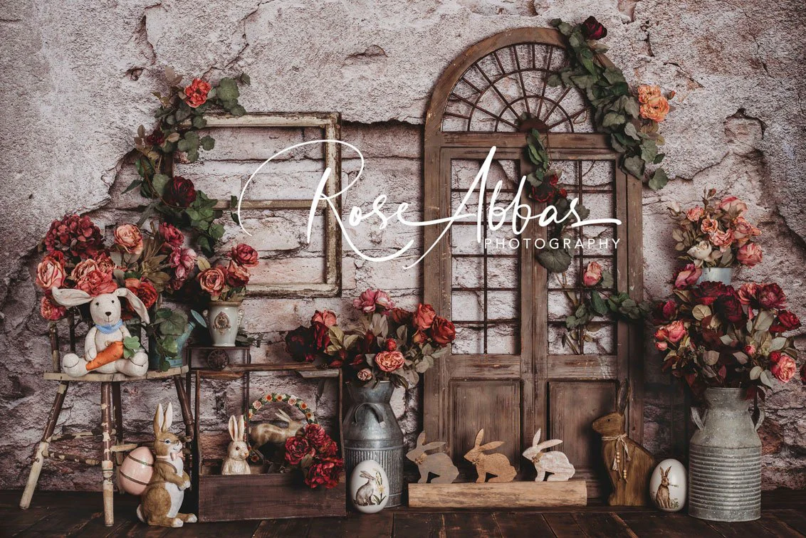 Kate Spring Easter Bunny Red Flowers Backdrop Designed by Rose Abbas - Image 2