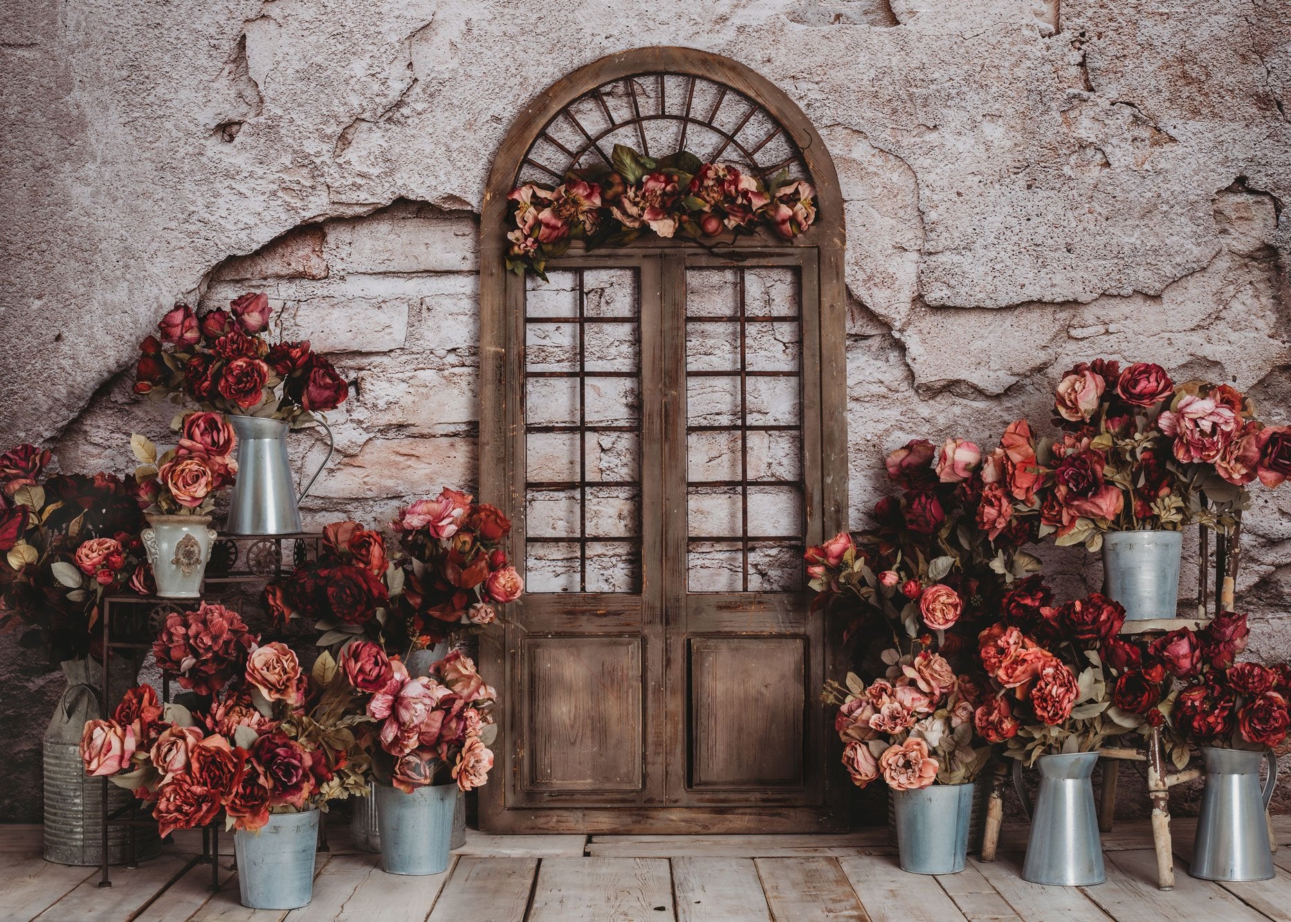 Kate Spring Red Flowers Door Do Old Brick Wall backdrop Designed by Rose Abbas - Image 3