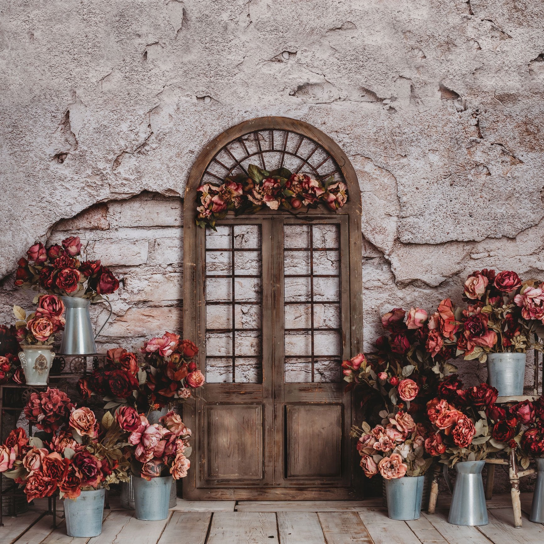 Kate Spring Red Flowers Door Do Old Brick Wall backdrop Designed by Rose Abbas - Image 4