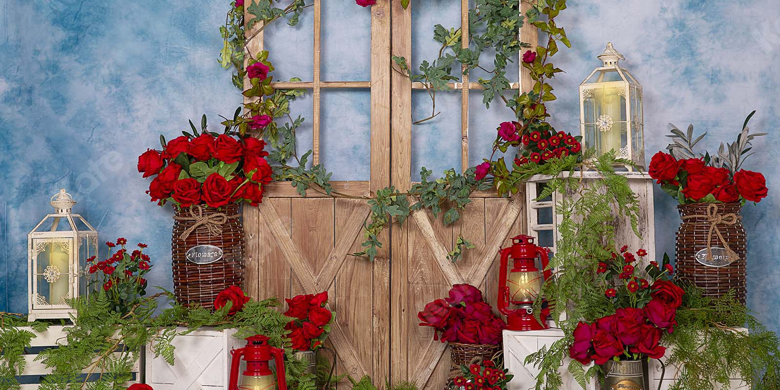 Kate Spring Red Rose Flowers Door Blue Backdrop Designed by Emetselch - Image 2