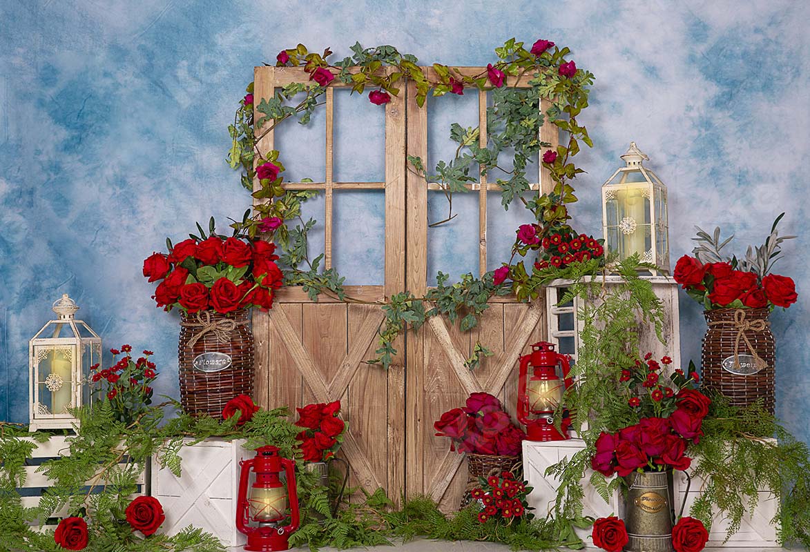 Kate Spring Red Rose Flowers Door Blue Backdrop Designed by Emetselch - Image 3
