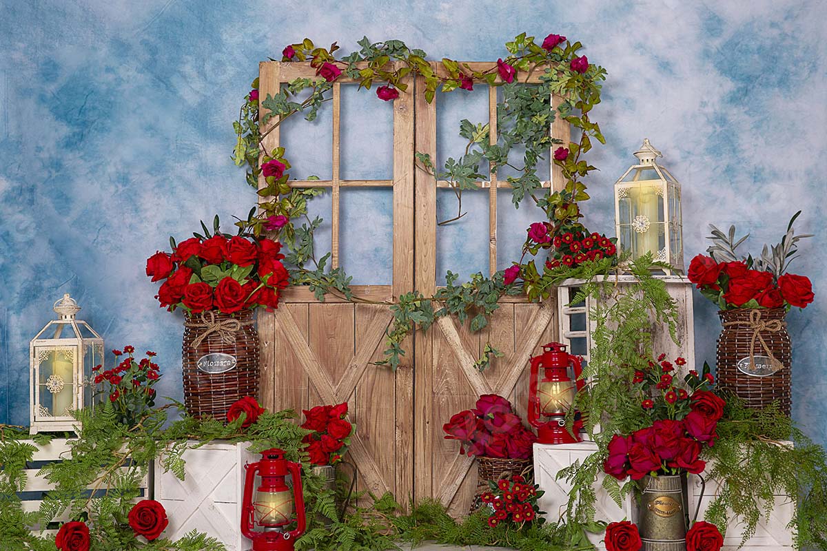 Kate Spring Red Rose Flowers Door Blue Backdrop Designed by Emetselch - Image 4