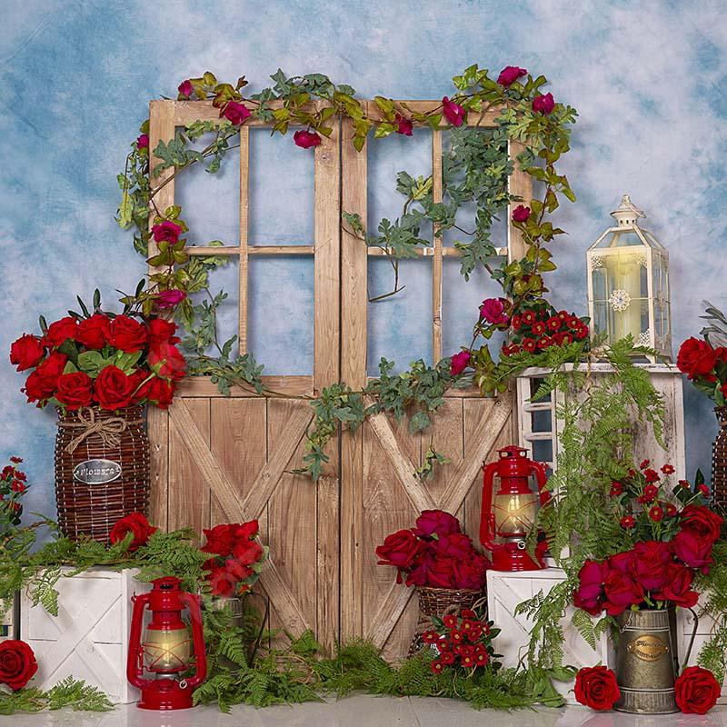 Kate Spring Red Rose Flowers Door Blue Backdrop Designed by Emetselch - Image 5