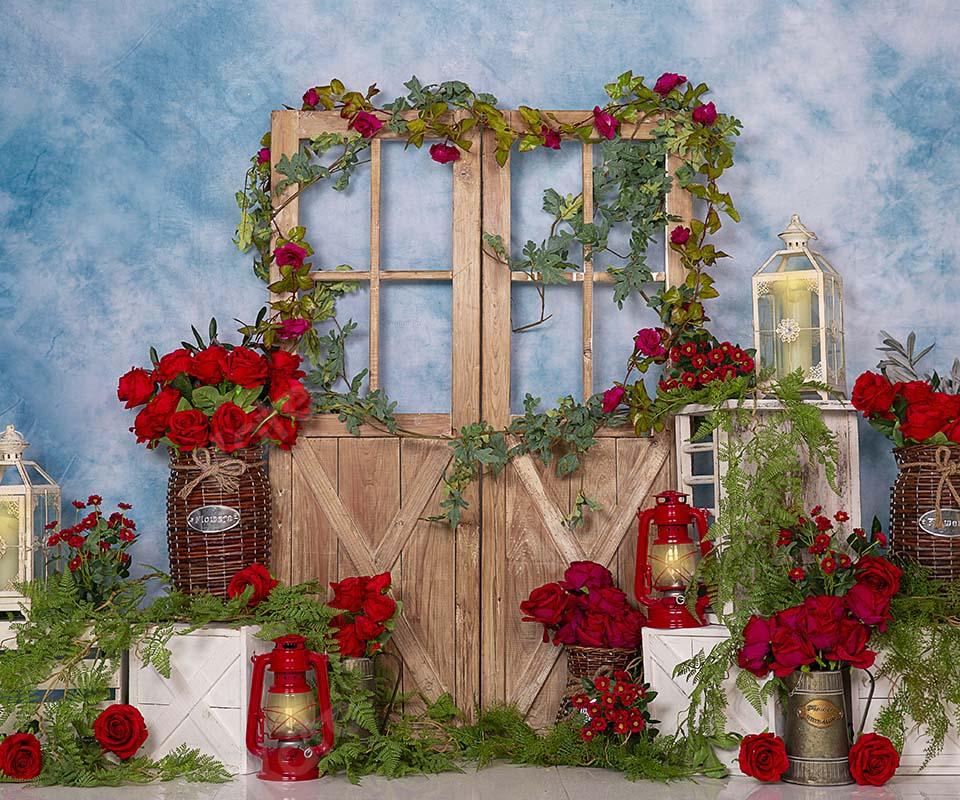 Kate Spring Red Rose Flowers Door Blue Backdrop Designed by Emetselch - Image 6