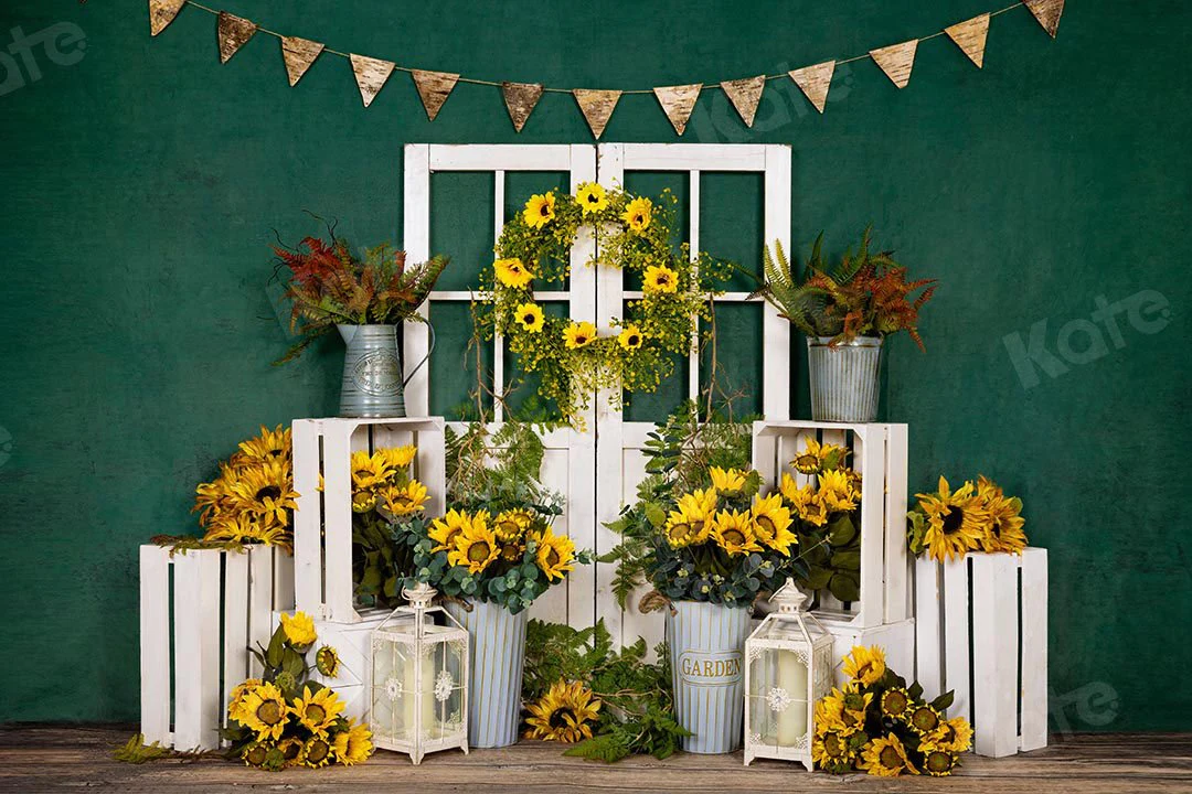 Kate Spring Sunflowers White Door Green Backdrop Designed by Emetselch - Image 2