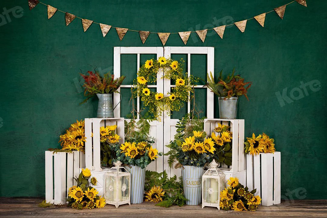 Kate Spring Sunflowers White Door Green Backdrop Designed by Emetselch - Image 3