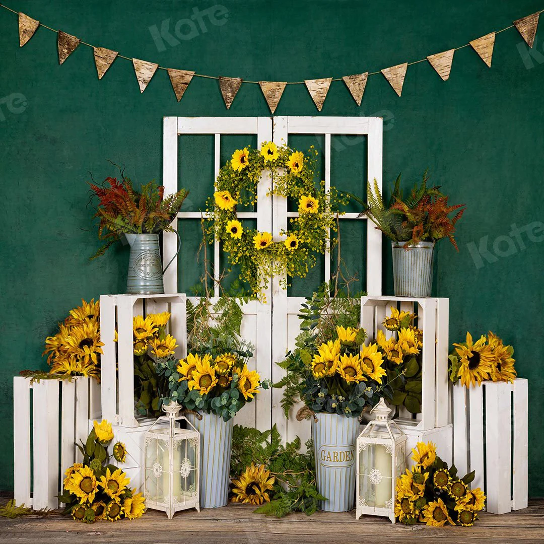 Kate Spring Sunflowers White Door Green Backdrop Designed by Emetselch - Image 4
