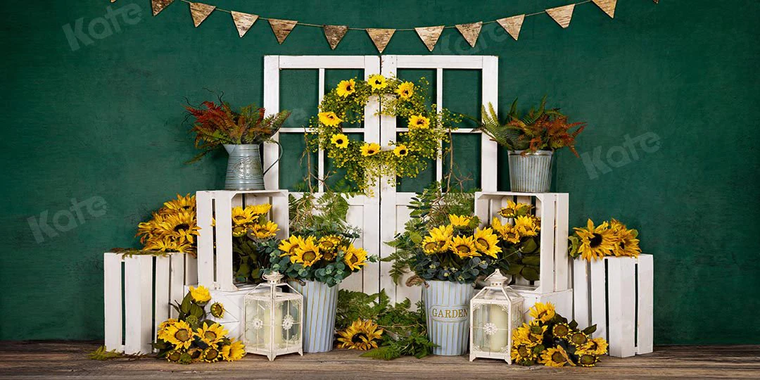 Kate Spring Sunflowers White Door Green Backdrop Designed by Emetselch - Image 5