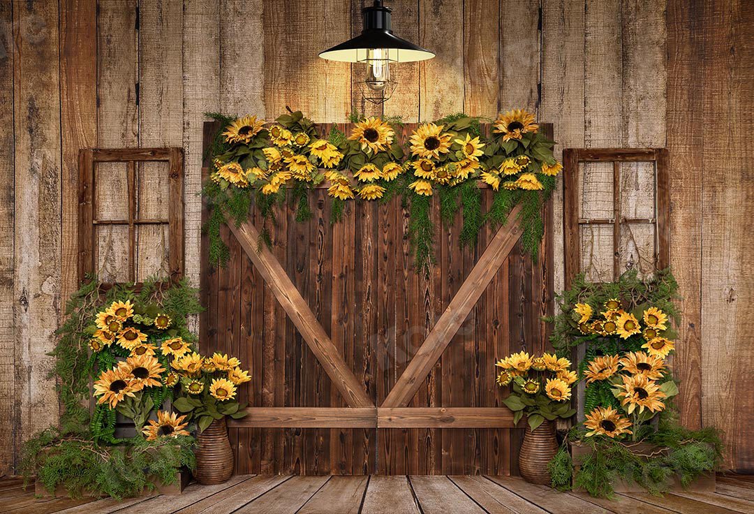 Kate Spring Sunflowers Wood Door Backdrop Designed by Emetselch - Image 2