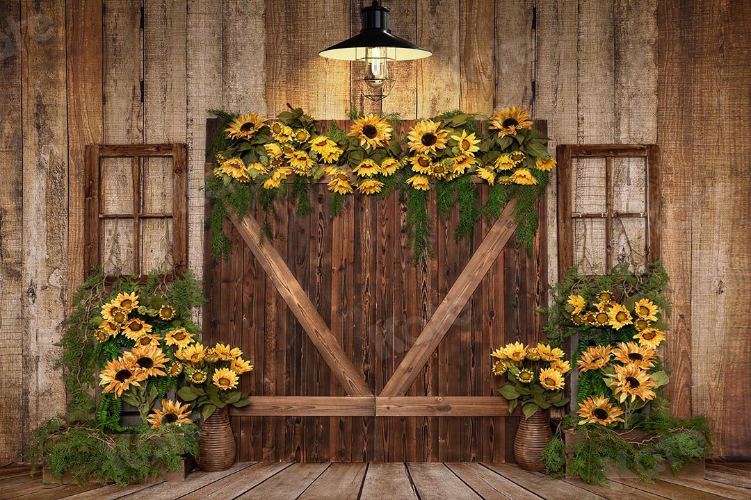 Kate Spring Sunflowers Wood Door Backdrop Designed by Emetselch - Image 3