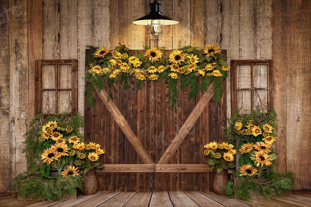 Kate Spring Sunflowers Wood Door Backdrop Designed by Emetselch - Image 4