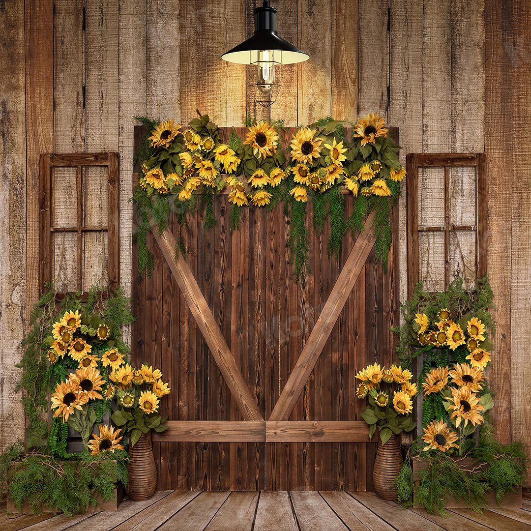 Kate Spring Sunflowers Wood Door Backdrop Designed by Emetselch - Image 5