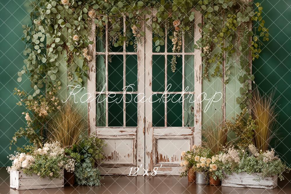 Kate Spring Vintage Door Green Wall Fleece Backdrop Designed by Emetselch - Image 4