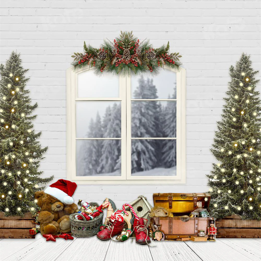 Kate Christmas Backdrop White Windows Trees Designed By JS Photography - Image 2